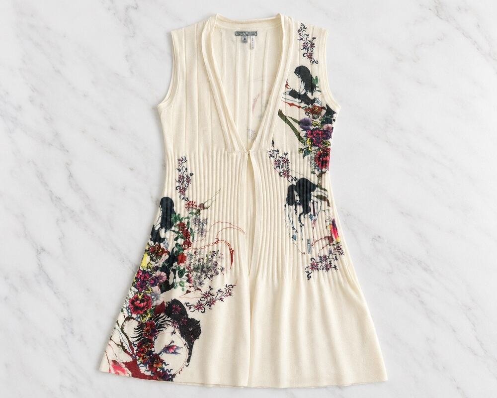 Vintage Alberto Makali M Long Cardigan Vest Floral Graphic Angora Blend Boho Y2K